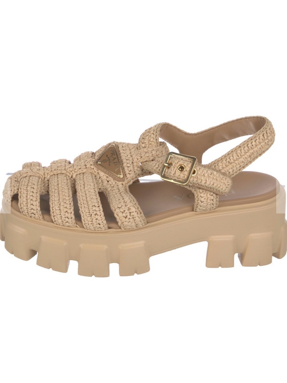 Prada Enameled Metal Triangle Raffia Slingback Sandals